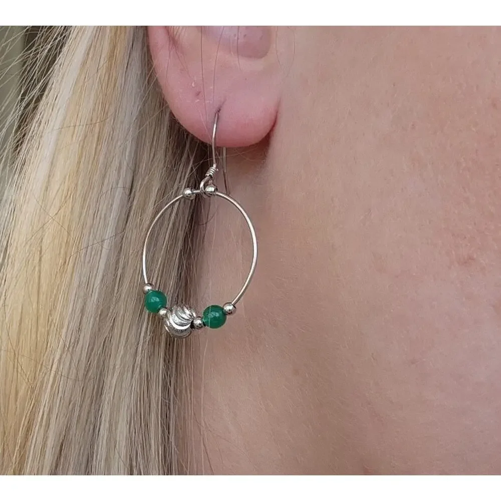 Solid 925 Sterling Silver Fine‎ Jewelry Round Hoop Earrings green Aventurine new